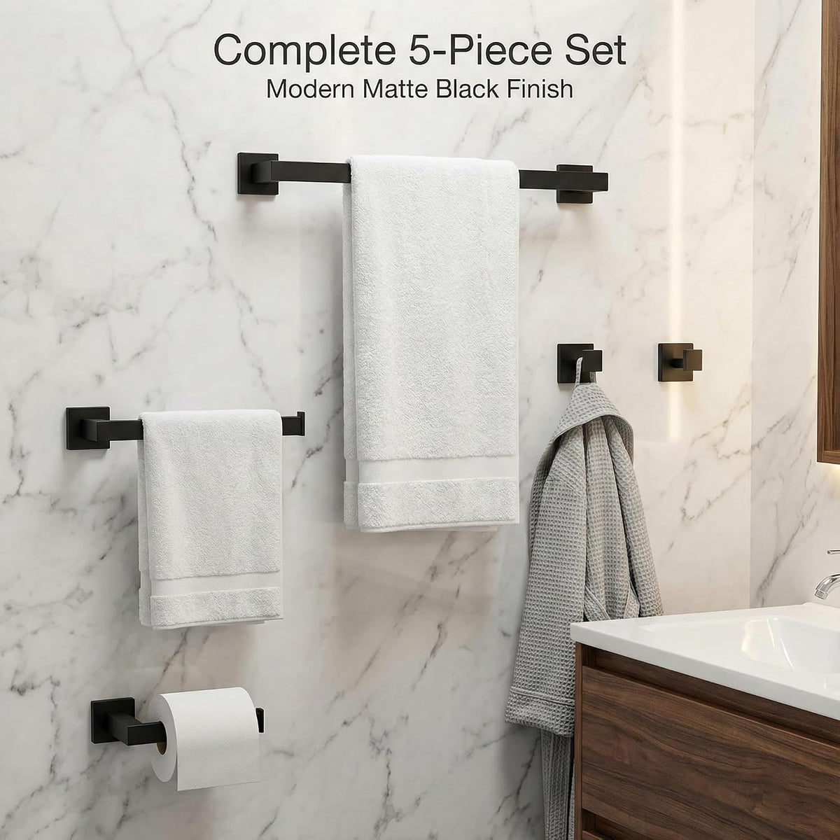 5-Piece Bathroom Hardware Set, 16 in Towel Bar, Matte Black
