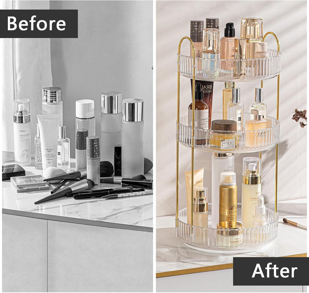 shuang qing Rotating Makeup Organizer for Vanity, Large Capacity Skincare Perfume Storage, Bathroom Counter Organizer, 360 Spinning Cosmetic Dresser Countertop Organizers (Clear, 3 Tier)