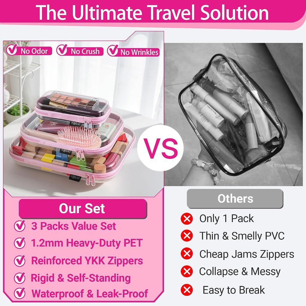 YQBRAO 3-Piece Clear Hard Shell Zipper Case Set, 1L 1M 1S, Pink
