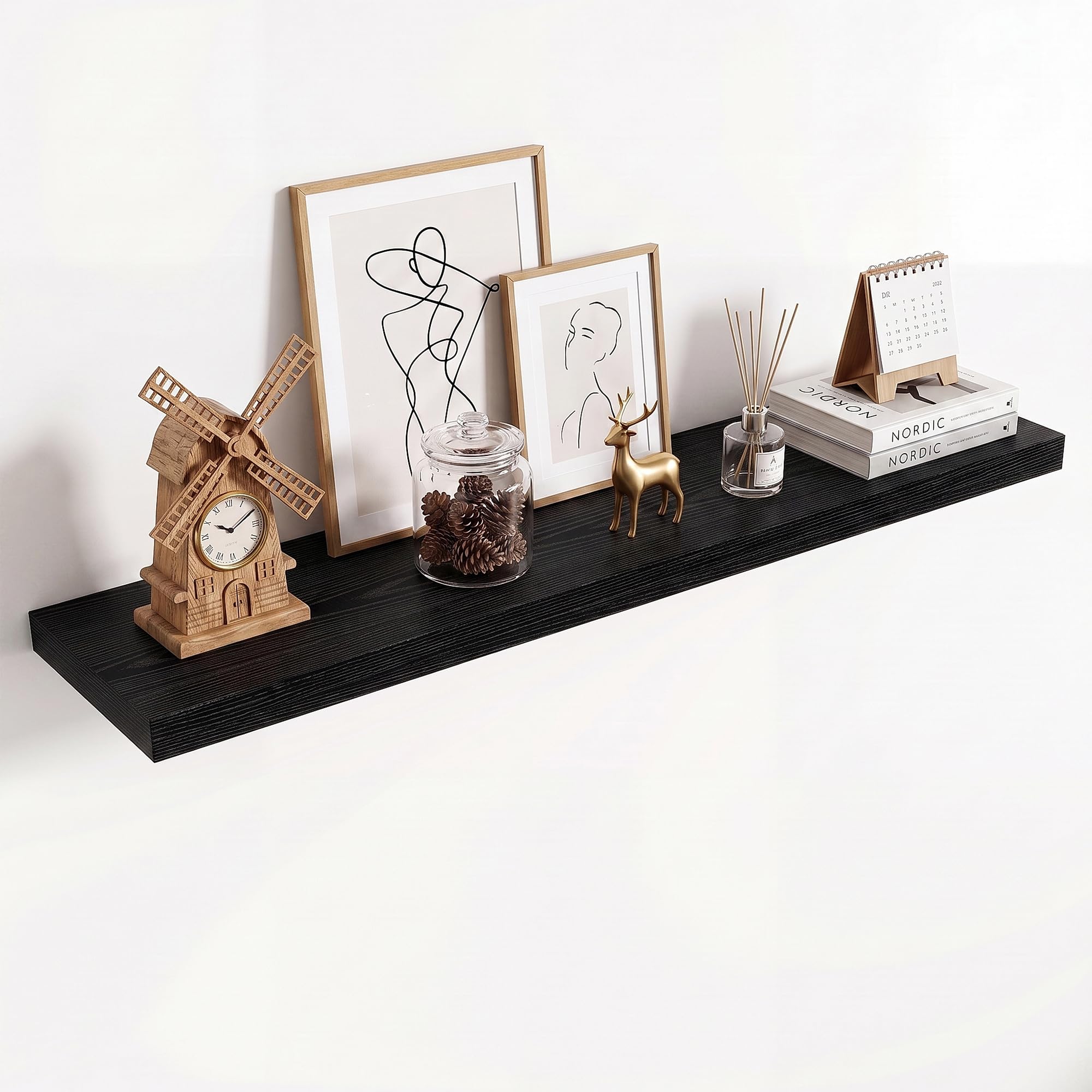 36in Floating Shelves for wall Set of 2, Black Wall Mounted Shelf 9.3in Deep for Wall Decor, Hanging Shelf 1.5in Thick for Living Room, Bedroom, Bathroom, Kitchen, Office