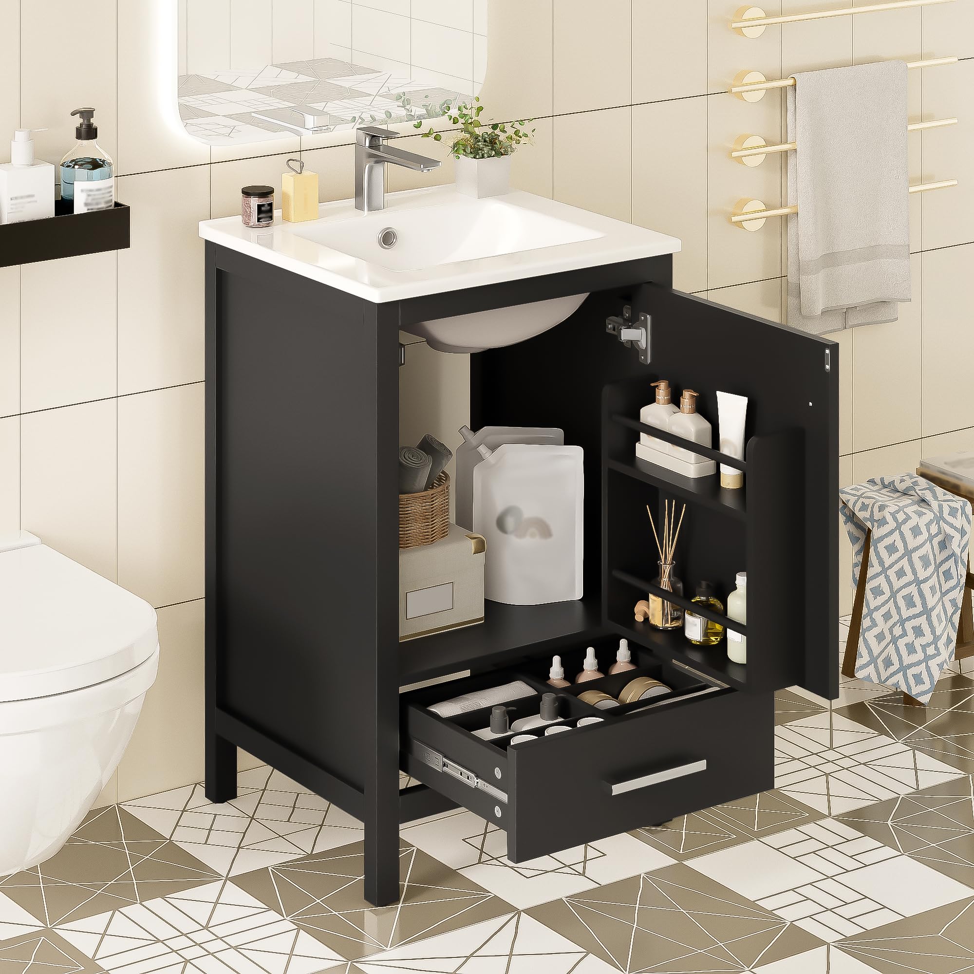 Virubi 20 in Small Bathroom Vanity with Sink, Soft Closing Door,Tilt-Out Drawer and Adjustable Shelf,Solid Wood Frame Modern Single Bathroom Sink Cabinet with Storage, Freestanding, Natural Wood