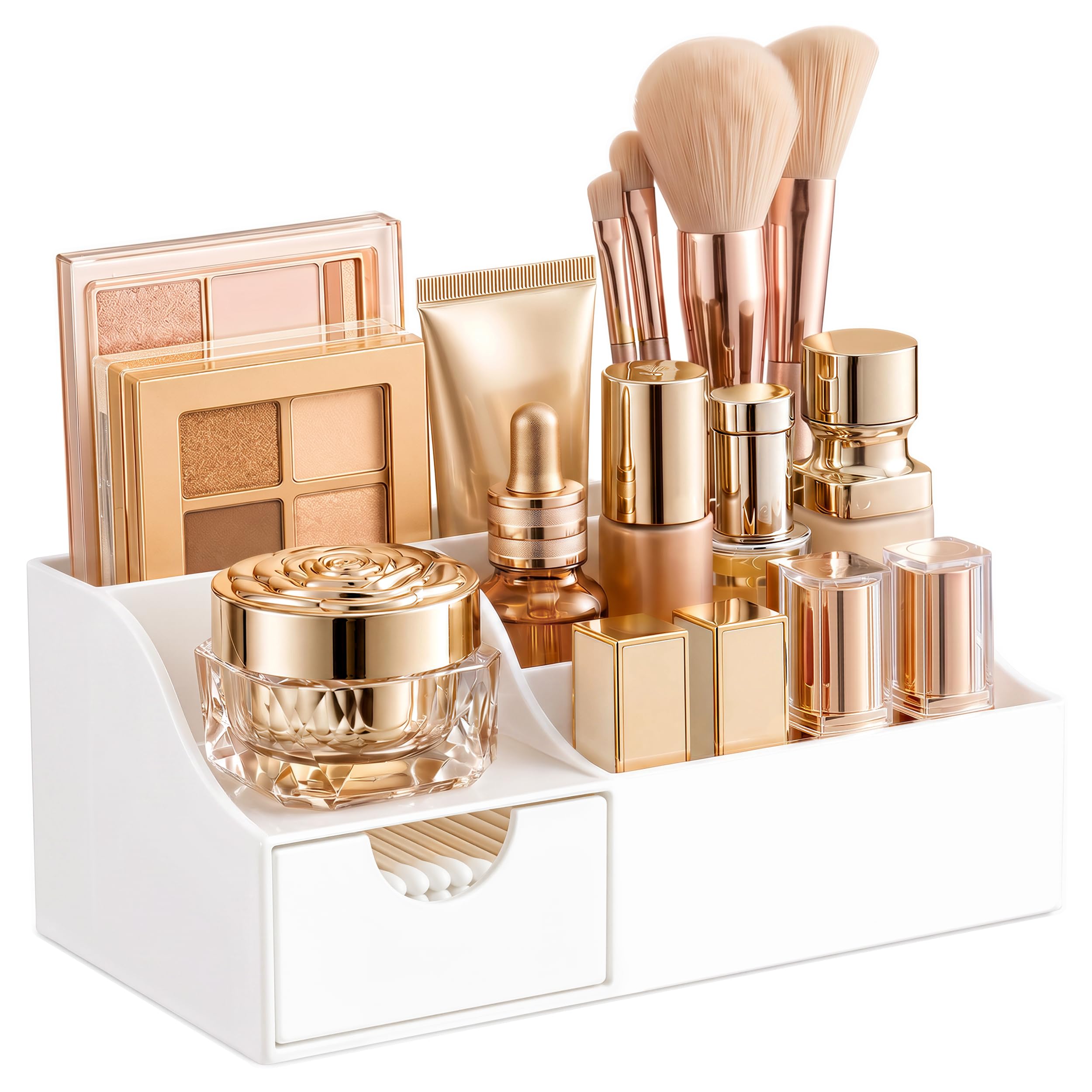 HBlife Makeup Organizer with Drawer – Cosmetic Storage for Vanity, Bathroom Countertop & Dresser, Skincare Organizer with Brush Holder, Beauty Display Case (White)