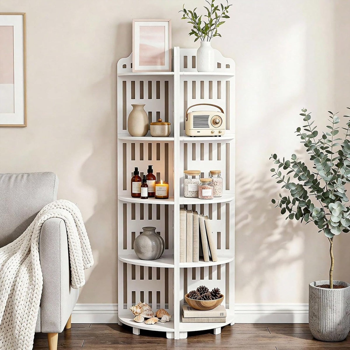 5 Tier Corner Storage Shelf, 43.3 Inch Waterproof PVC Freestanding Organizer with Slotted Panels, Scandinavian Style Triangle Display Rack for Bathroom, Kitchen and Living Room