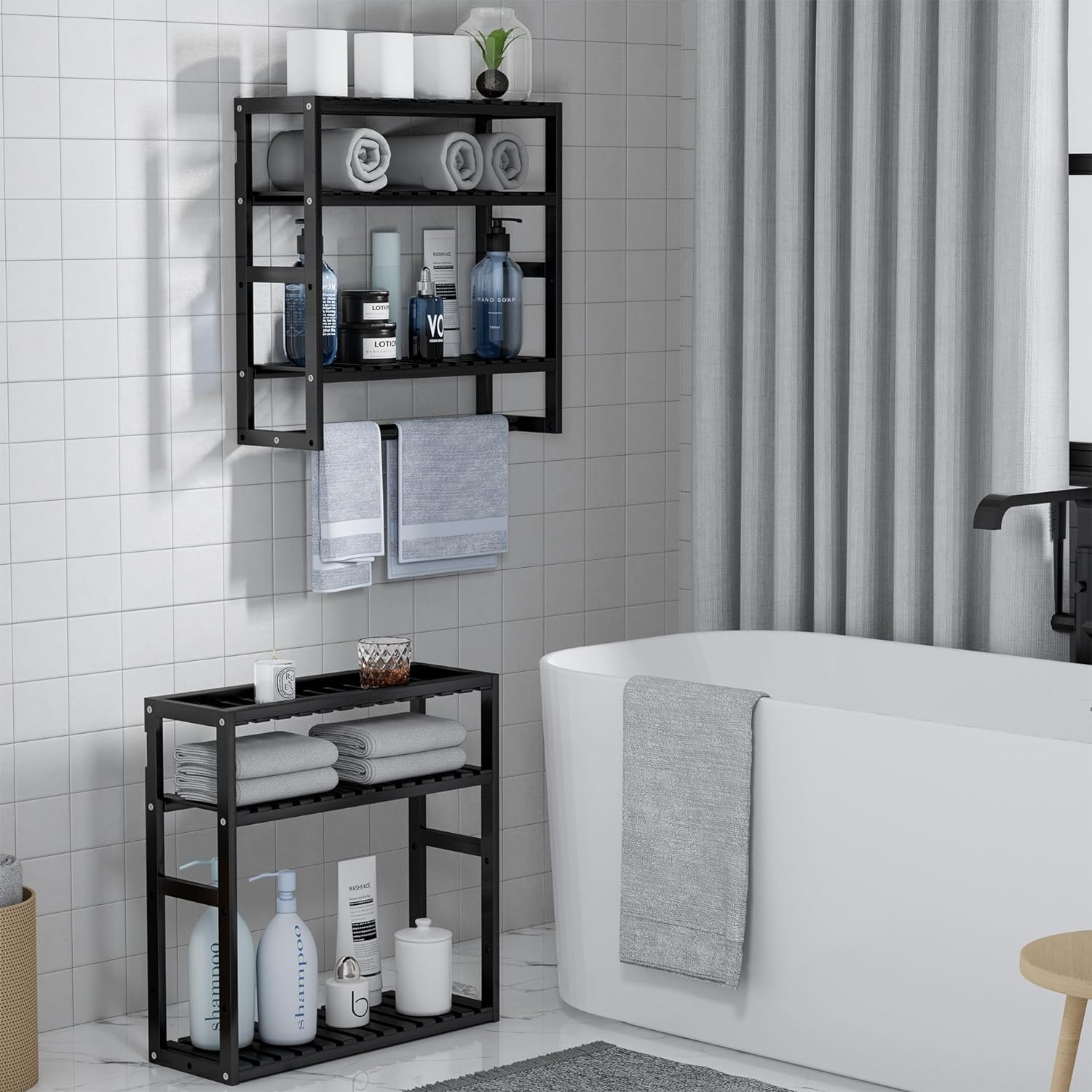PPN 100% Bamboo Towel Rack Bathroom Storage Shelves Over Toilet Towel Bar