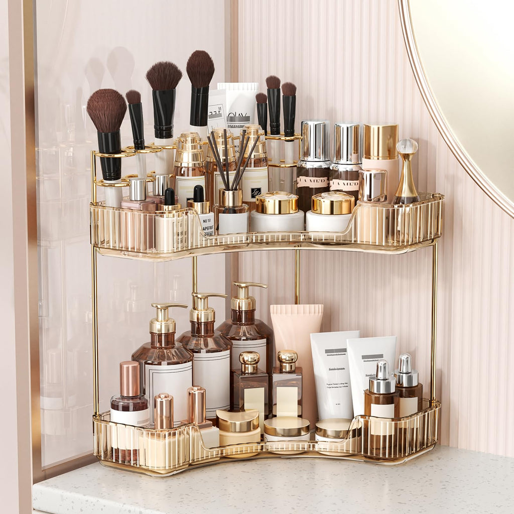 BEFSOP Corner Bathroom Counter Organizer, Upgraded 3-Tier Makeup Organizer Countertop with Makeup Brush Holder, Skincare Exquisite Vanity Organizers Countertop Bathroom Storage Dresser(CLEAR)