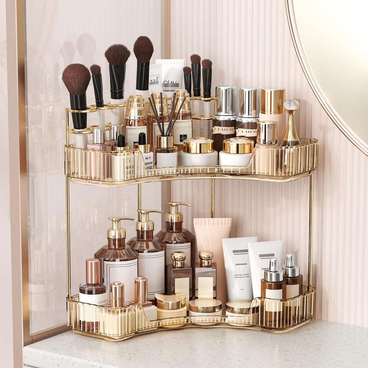 BEFSOP Corner Bathroom Counter Organizer, Upgraded 3-Tier Makeup Organizer Countertop with Makeup Brush Holder, Skincare Exquisite Vanity Organizers Countertop Bathroom Storage Dresser(CLEAR)