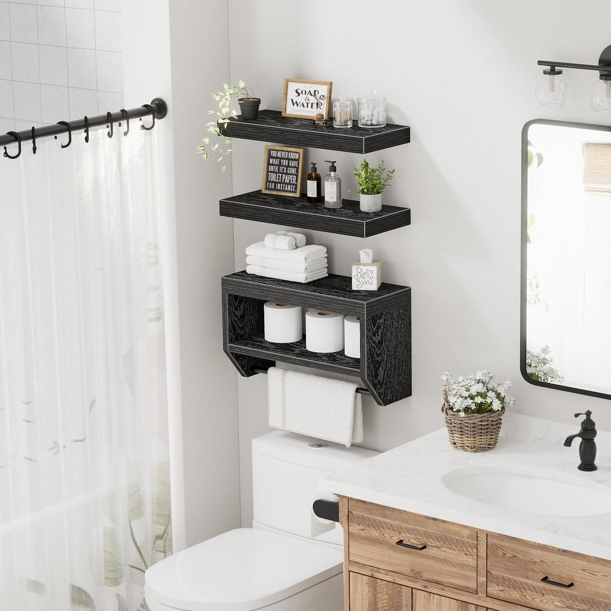 QEEIG Bathroom Wall Shelf Floating Shelves (Black, Set of 3,15.7")