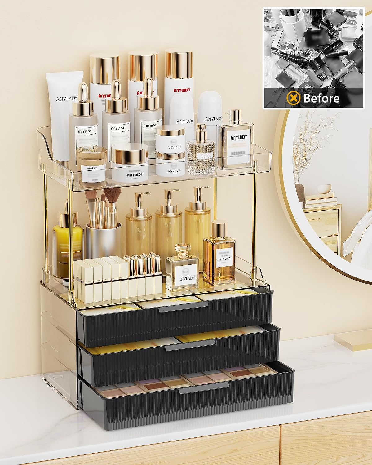 Anylady Bathroom Organizers and Storage, Makeup Organizer (Sturdy Durable Attractive), Ideal for Vanity, Countertop, Counter, Perfume, Skincare, Cabinet, Cosmetic, Dresser Organizer (deep black)
