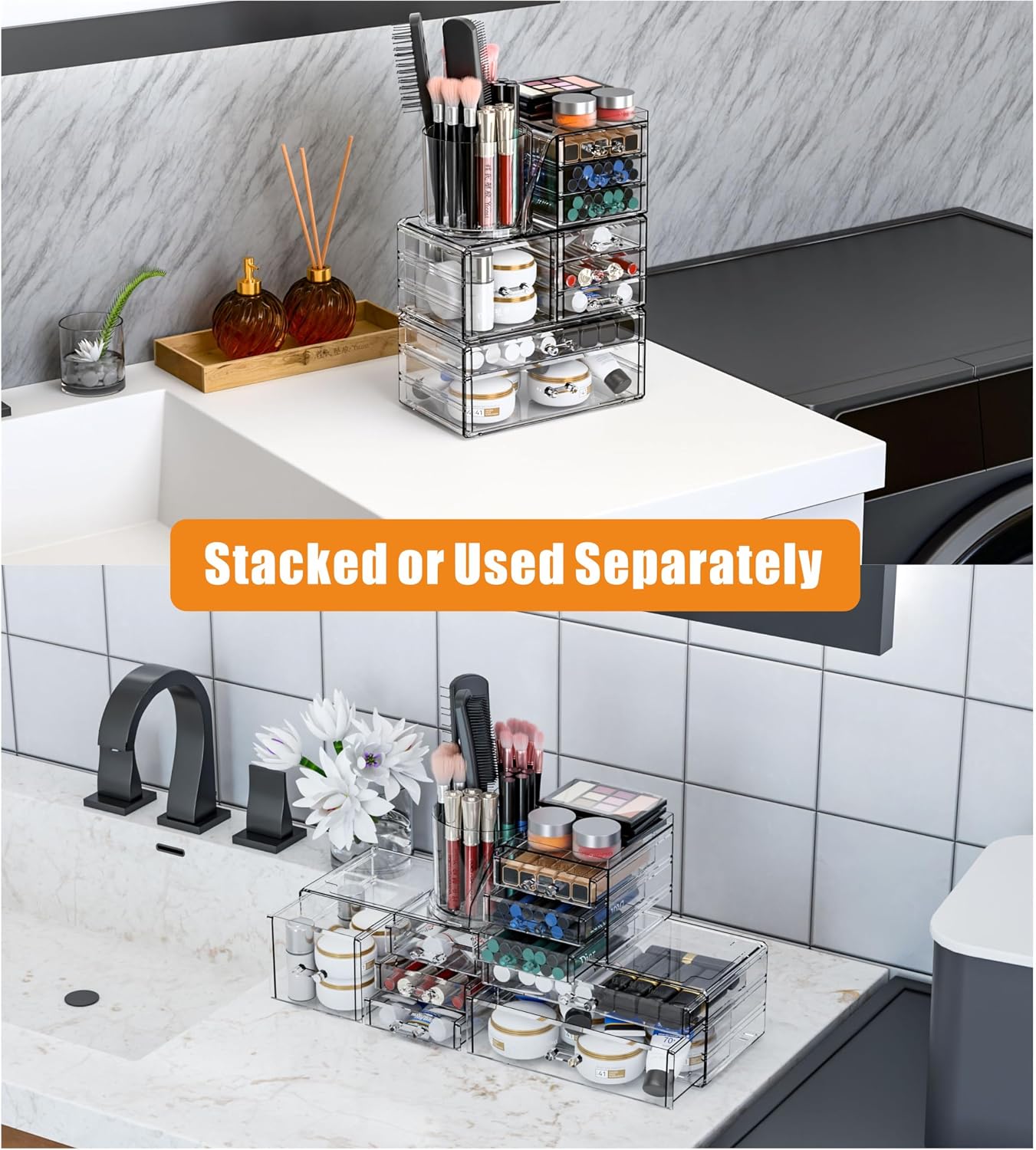 SuoXing 3 Pack Clear Acrylic Makeup Organizer for Vanity With 9 Drawer, Skincare Organizers Countertop With Make up Brush Holder,Bathroom Make up Drawer Storage for Beauty,Hair Accessories Organizer