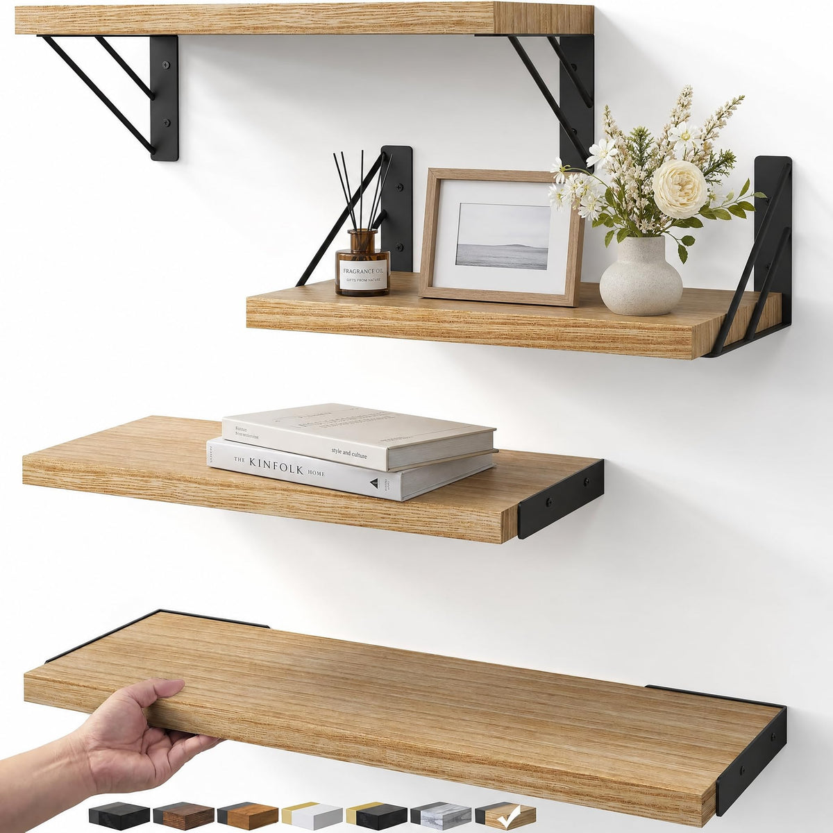 BAYKA Wall Mounted Floating Shelves, Wood Floating Wall Shelf for Books & Decor, Small Space-Saving Display & Organizer（Black，Set of 4）