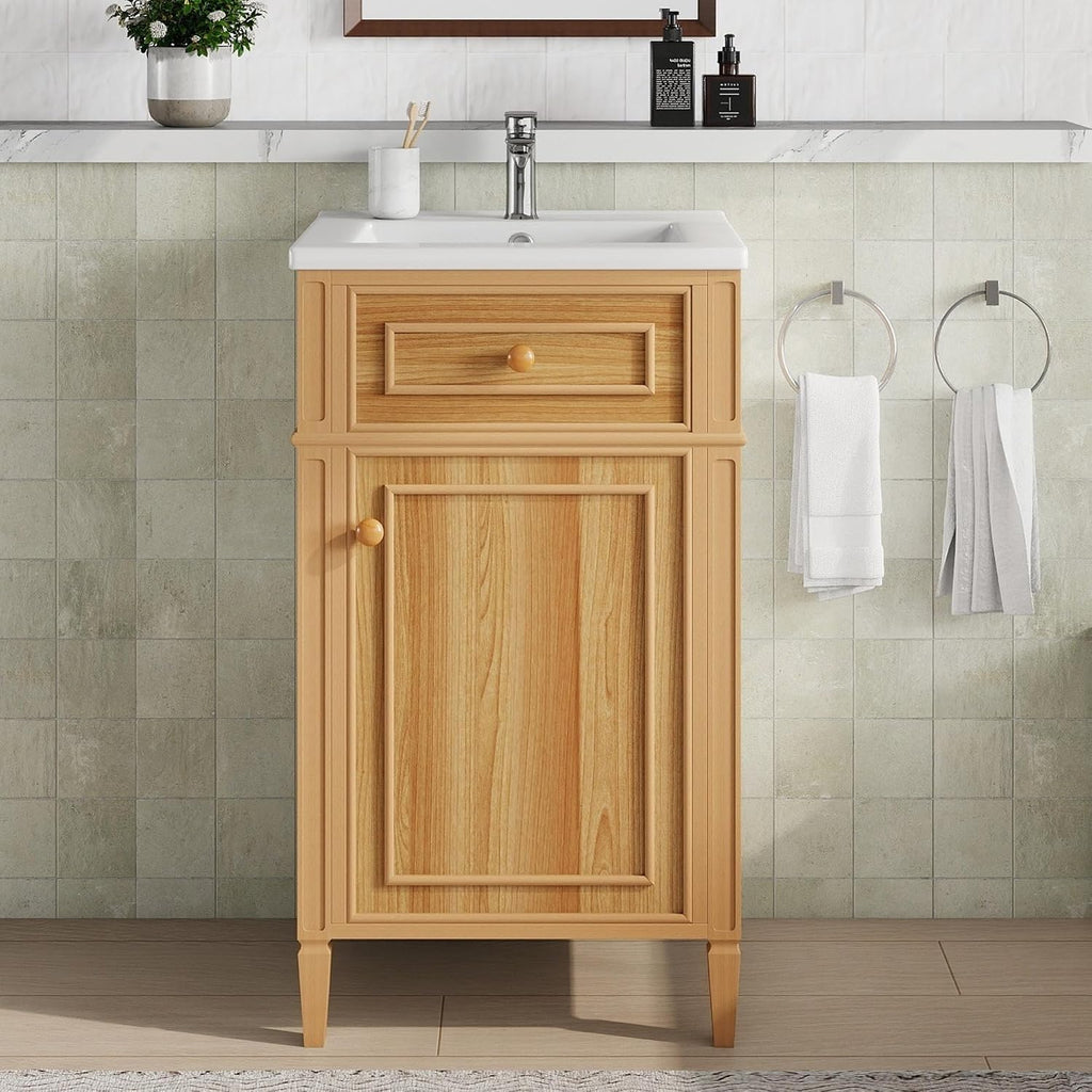 Virubi 20 in Small Bathroom Vanity with Sink, Soft Closing Door,Tilt-Out Drawer and Adjustable Shelf,Solid Wood Frame Modern Single Bathroom Sink Cabinet with Storage, Freestanding, Natural Wood