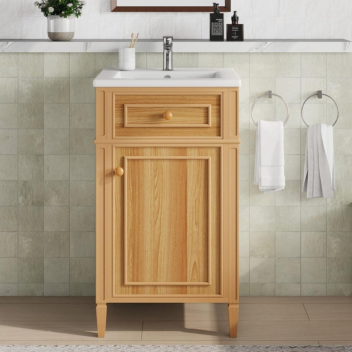 Virubi 20 in Small Bathroom Vanity with Sink, Soft Closing Door,Tilt-Out Drawer and Adjustable Shelf,Solid Wood Frame Modern Single Bathroom Sink Cabinet with Storage, Freestanding, Natural Wood