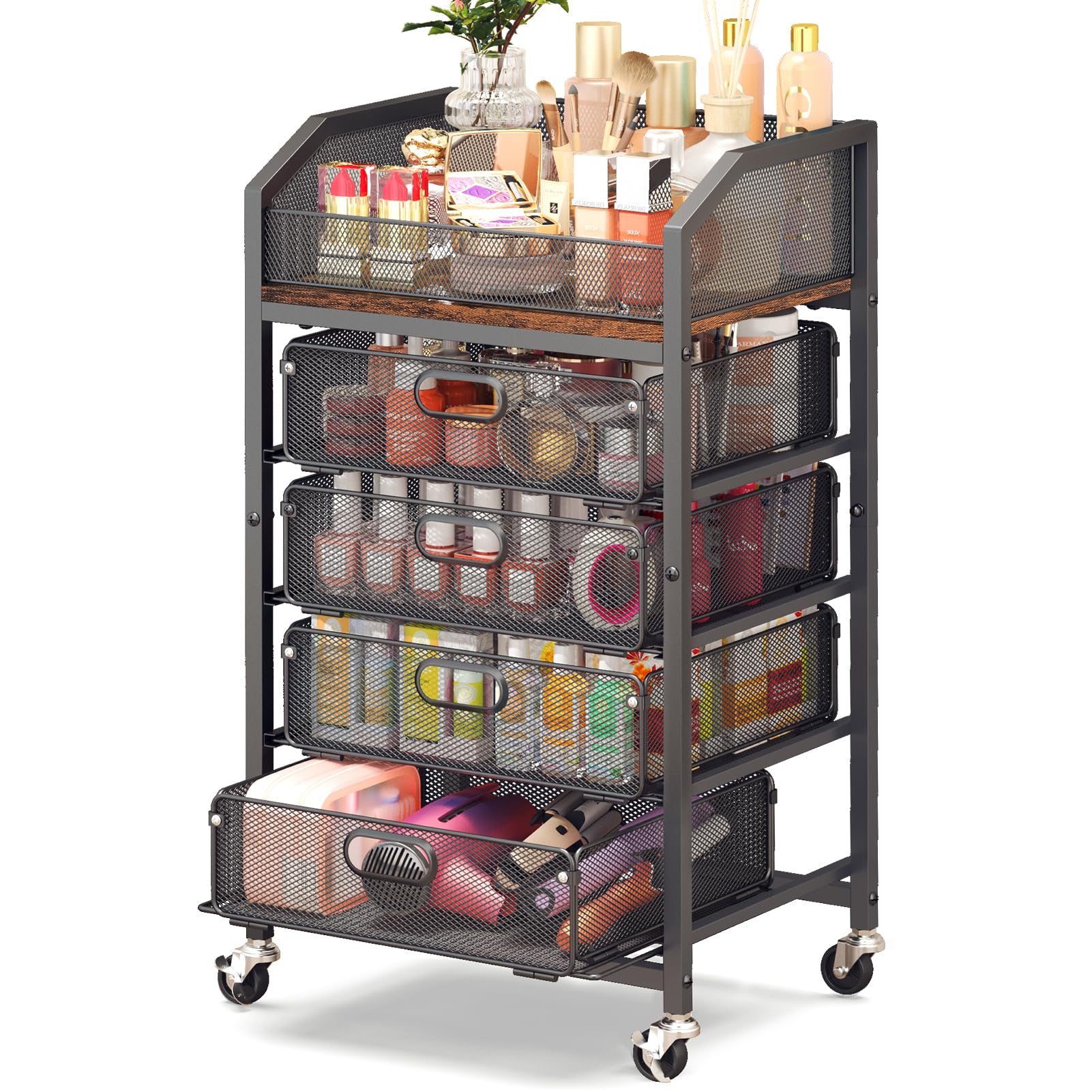 Goovilla Rolling Makeup Organizer Cart with Drawers, 5 Tier Metal, White
