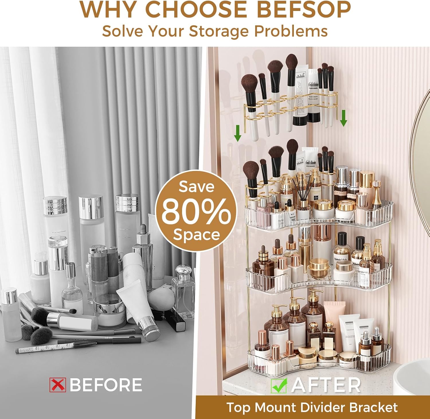BEFSOP Corner Bathroom Counter Organizer, Upgraded 3-Tier Makeup Organizer Countertop with Makeup Brush Holder, Skincare Exquisite Vanity Organizers Countertop Bathroom Storage Dresser(CLEAR)