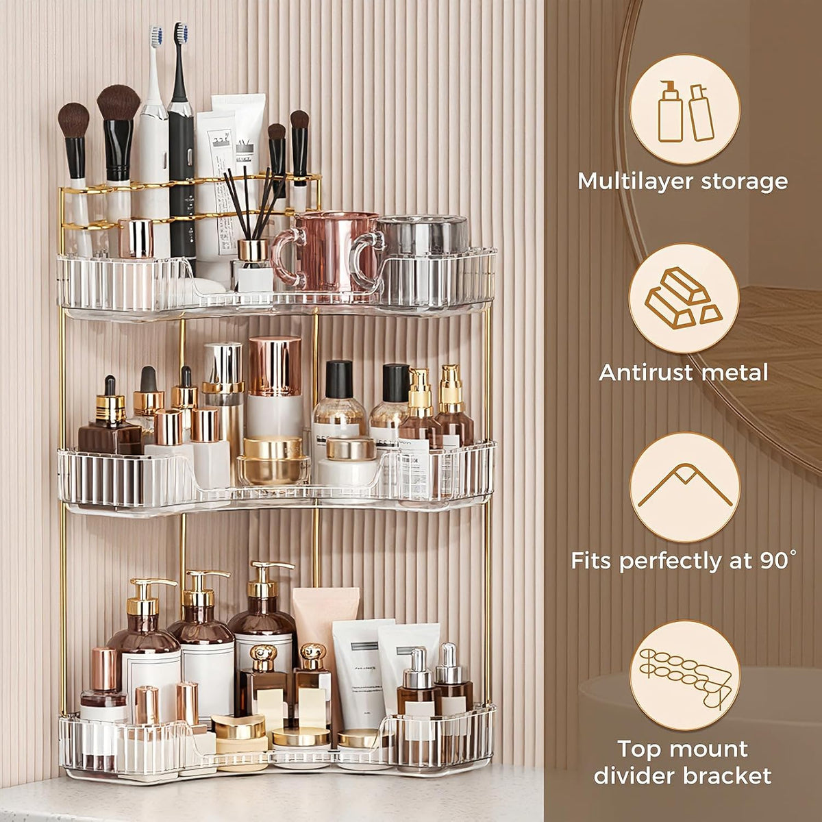 BEFSOP Corner Bathroom Counter Organizer, Upgraded 3-Tier Makeup Organizer Countertop with Makeup Brush Holder, Skincare Exquisite Vanity Organizers Countertop Bathroom Storage Dresser(CLEAR)