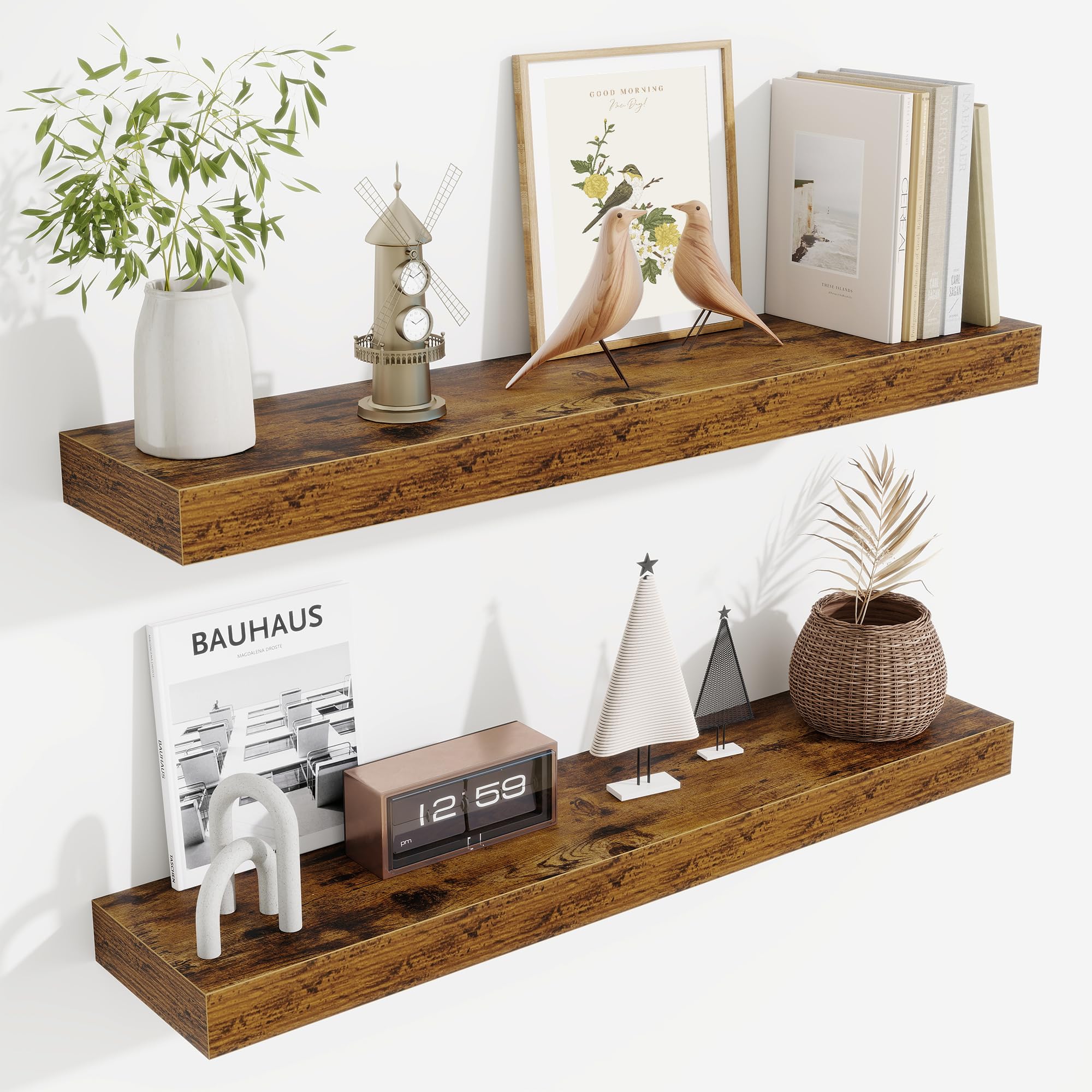 Fun Memories Floating Shelves Bathroom for Wall Mounted Shelves, 20 Inch Wood Shelf Set of 2, Home Storage & Display Decor, Walnut
