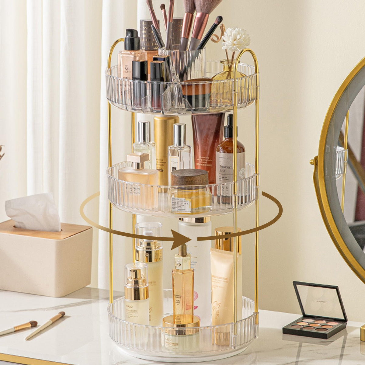 Aveniee 3-Tier 360° Rotating Makeup Organizer, Clear Spinning Perfume Cosmetic Storage for Vanity Countertop, Sturdy Metal Pole Skincare Holder Stand for Bathroom Dresser, White