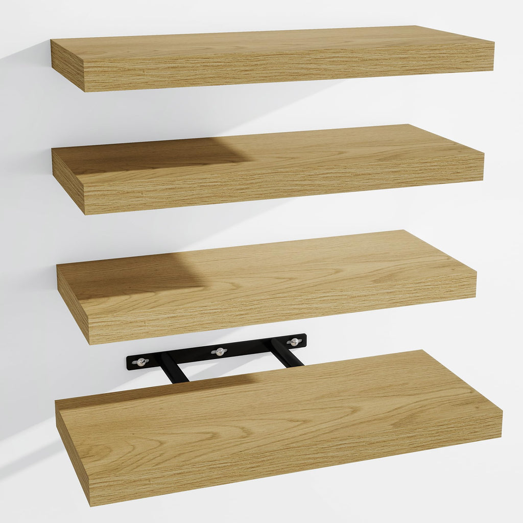 Venusmiles Bathroom Floating Shelves for Wall, 15" Wall Mounted Shelves with Invisible Brackets, 4 Small Wood Floating Wall Shelf Shelves for Living Room, Bedroom, Kitchen, Bathroom (Oak)