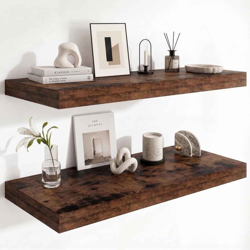 Deep Floating Shelves for Wall, 12 Inch Wide Small Wall Shelves Set of 2, 2 Inch Thick Invisible Wall Mounted Shelves for Bathroom Bedroom Nursery,Walnut Color