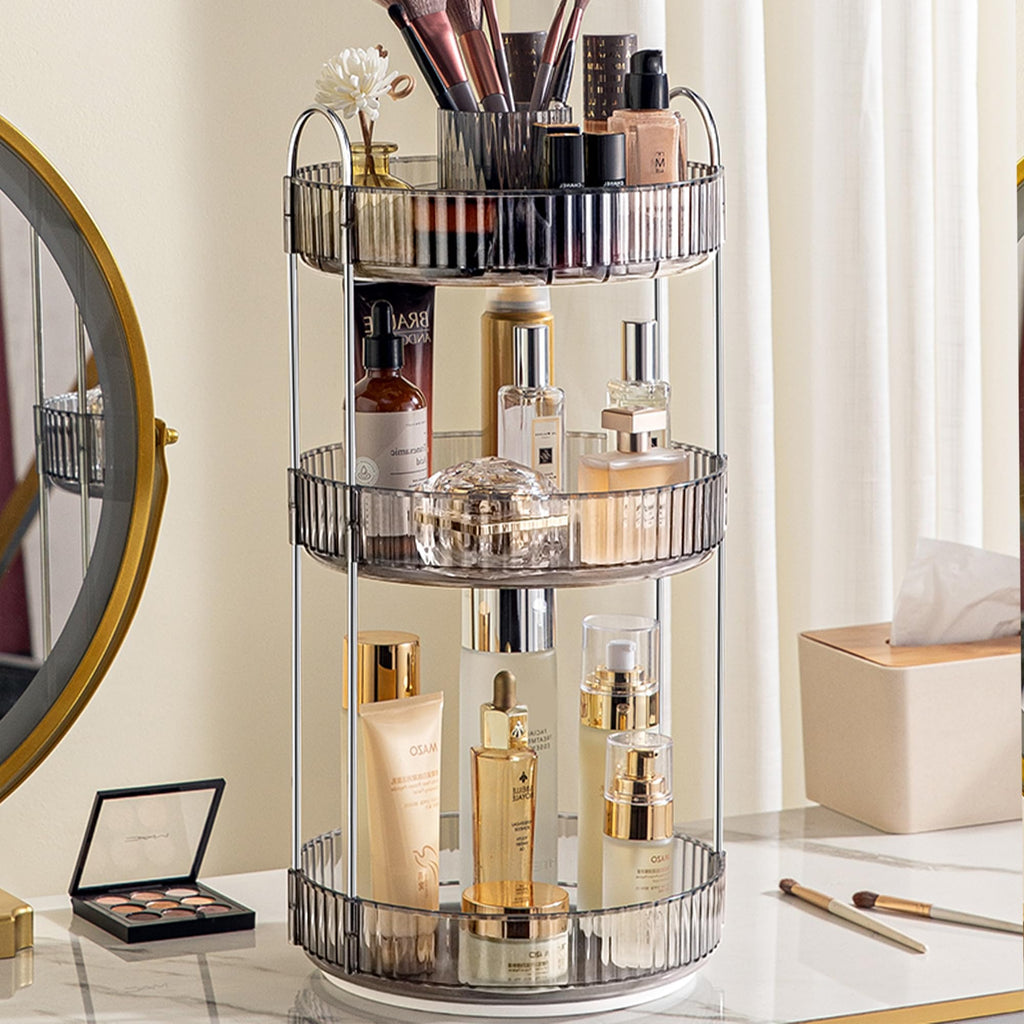 Aveniee 3-Tier 360° Rotating Makeup Organizer, Clear Spinning Perfume Cosmetic Storage for Vanity Countertop, Sturdy Metal Pole Skincare Holder Stand for Bathroom Dresser, White