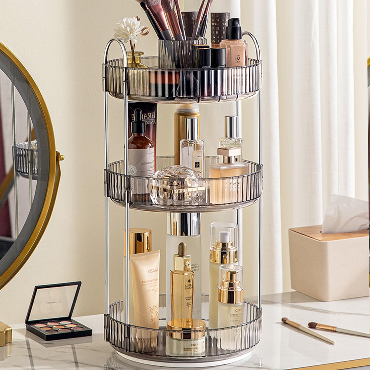 Aveniee 3-Tier 360° Rotating Makeup Organizer, Clear Spinning Perfume Cosmetic Storage for Vanity Countertop, Sturdy Metal Pole Skincare Holder Stand for Bathroom Dresser, White