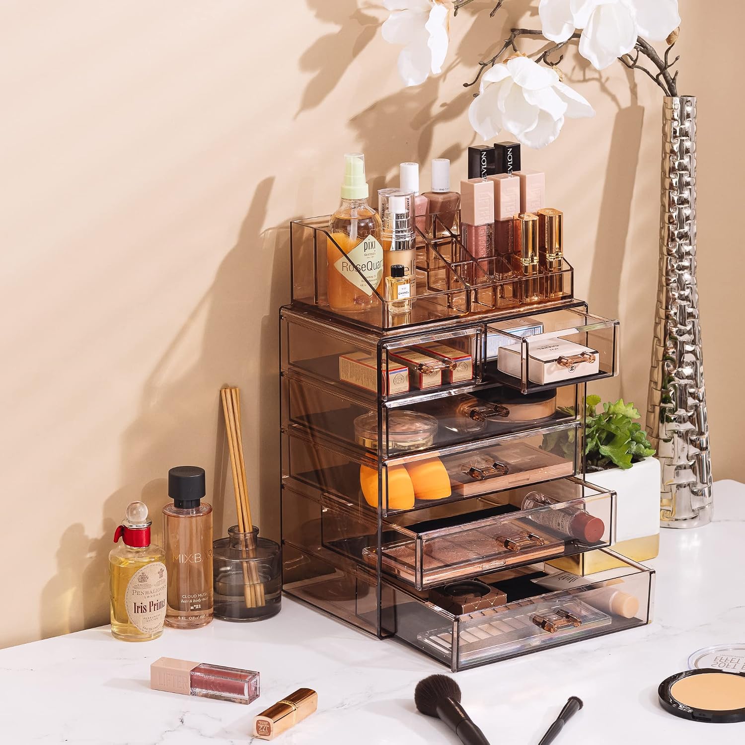 Sorbus Makeup Organizer, 6-Drawer Acrylic 2-Piece Set (Bronze Glow)