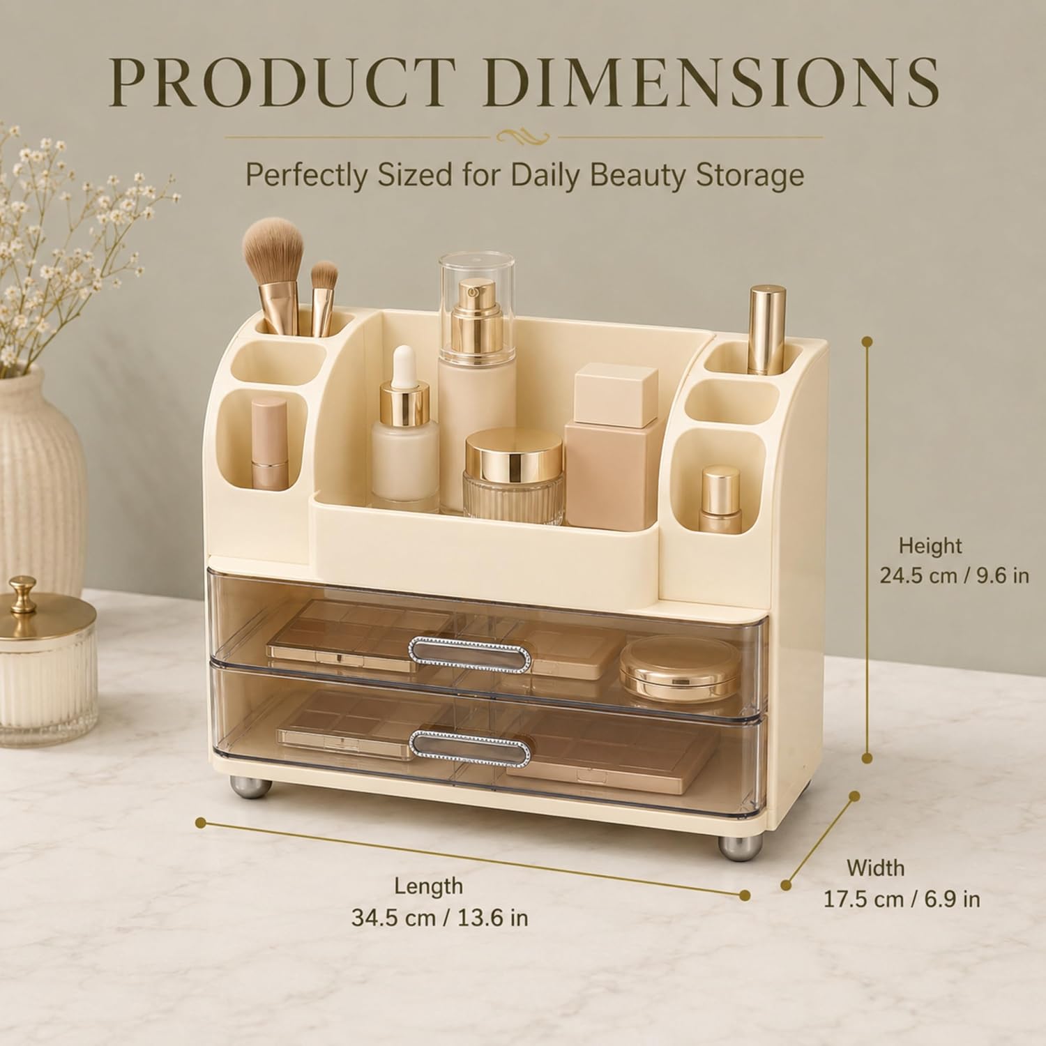 ROOM127 Makeup Organizer for Vanity with 2 Clear Drawers and Brush Holders