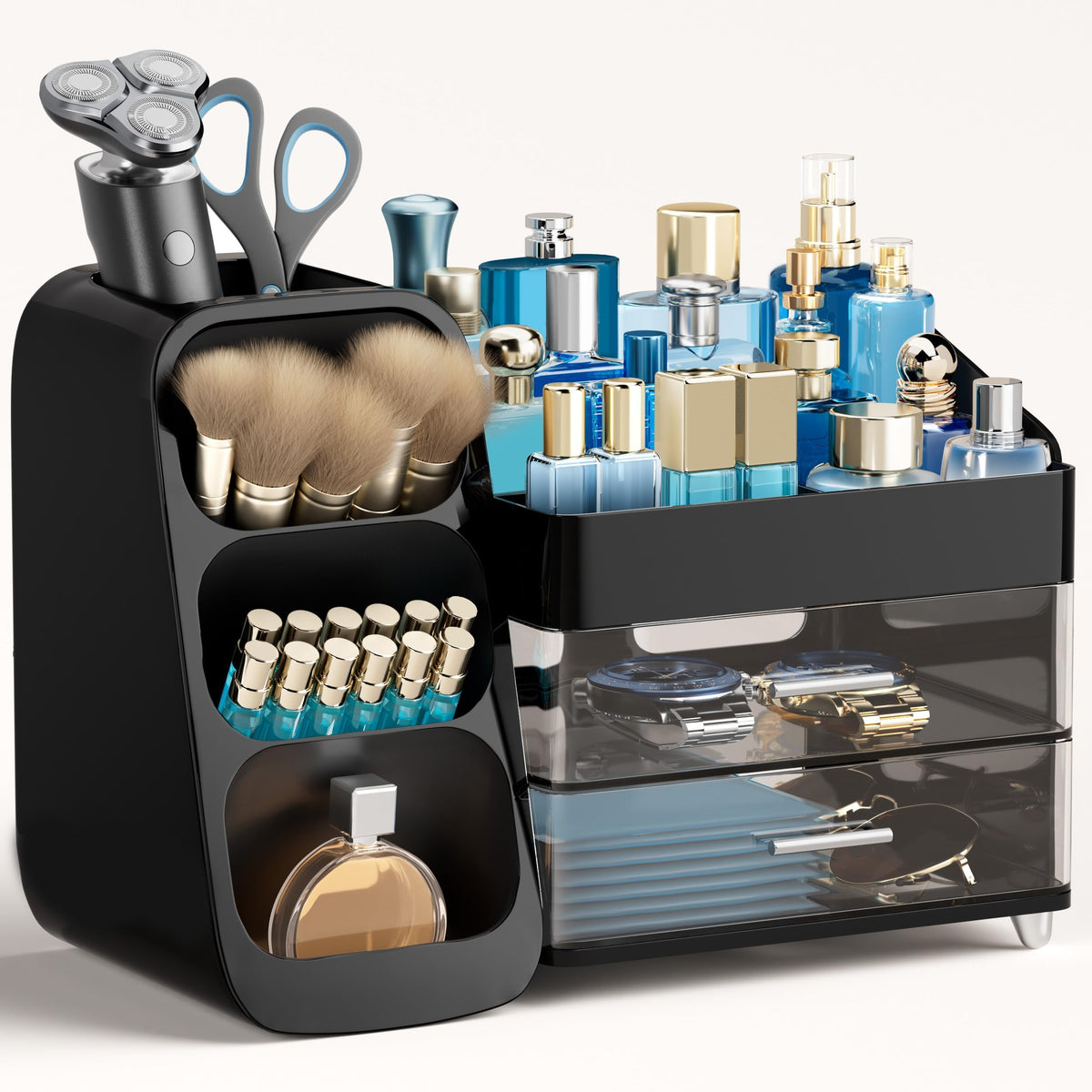 HBlife Makeup Organizer with Brush Holder for Vanity, Large Plastic Bathroom Countertop Organizer Skin Care Storage, Easy to Store Lipsticks, Nail Polishes, Perfumes, Eyeshadow Palettes, All White