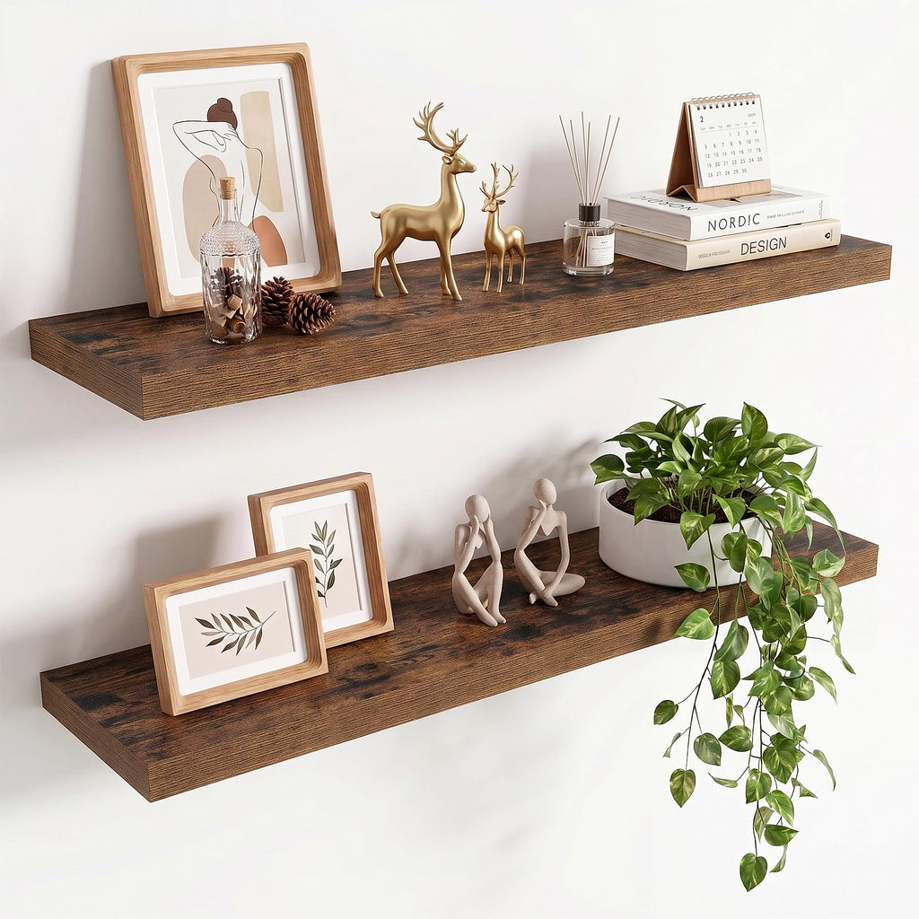 36in Floating Shelves for wall Set of 2, Black Wall Mounted Shelf 9.3in Deep for Wall Decor, Hanging Shelf 1.5in Thick for Living Room, Bedroom, Bathroom, Kitchen, Office