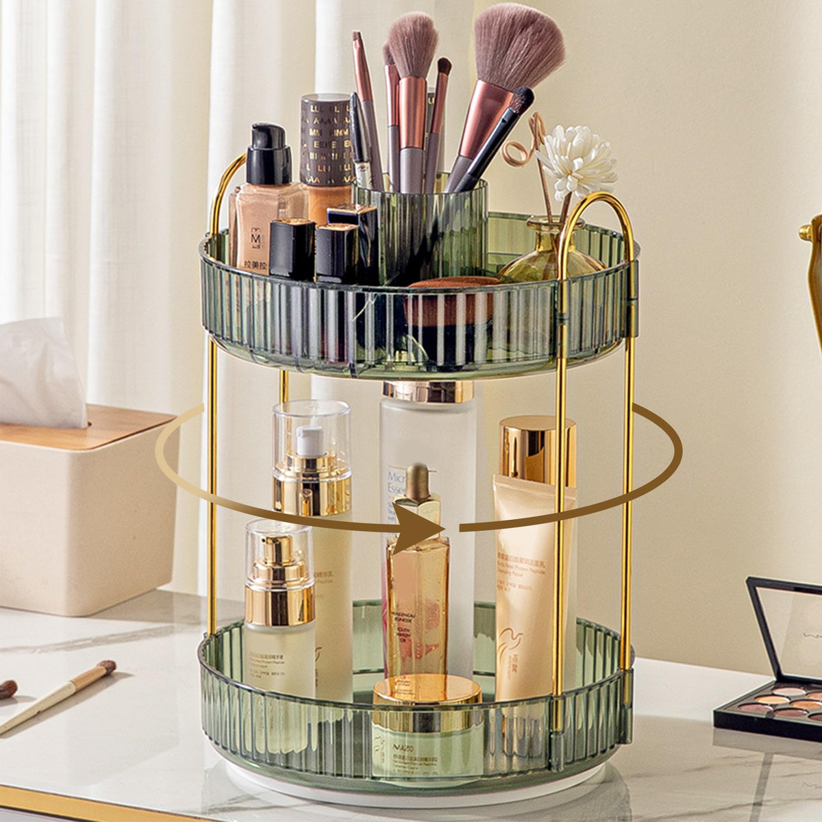 Aveniee 3-Tier 360° Rotating Makeup Organizer, Clear Spinning Perfume Cosmetic Storage for Vanity Countertop, Sturdy Metal Pole Skincare Holder Stand for Bathroom Dresser, White