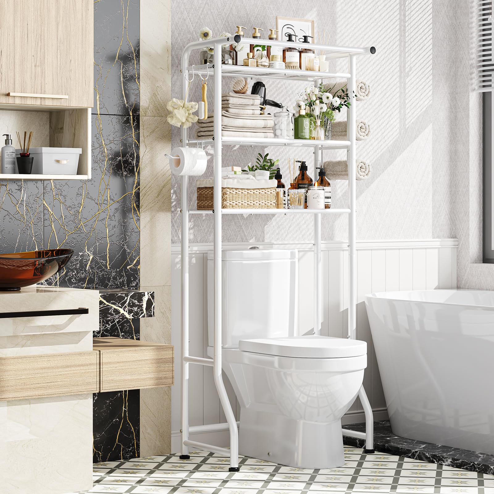 Simple Trending 3 Tier Over The Toilet Rack, Shelf Bathroom, Bathroom Stand Organizer Space Saver, Silver