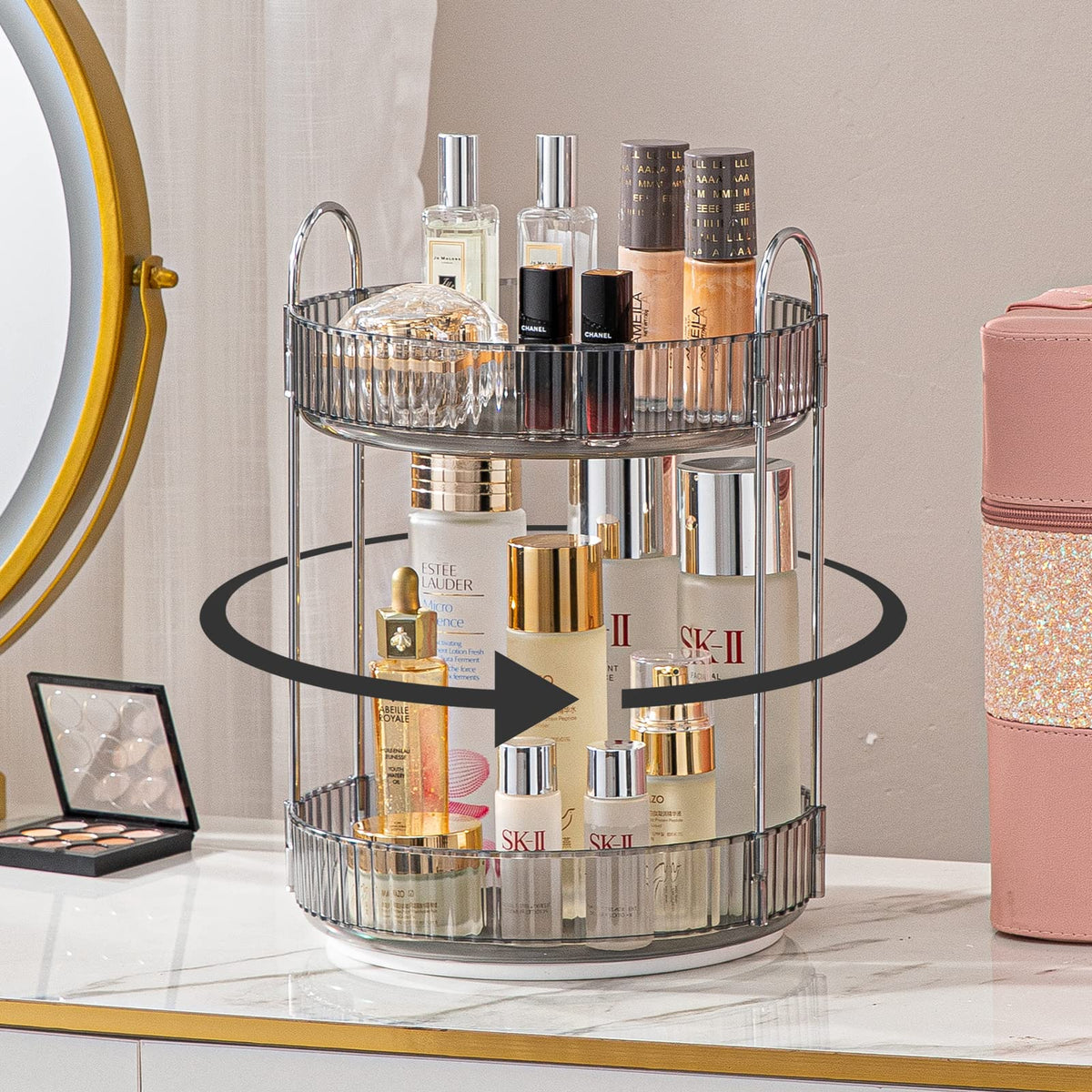 shuang qing Rotating Makeup Organizer for Vanity, Large Capacity Skincare Perfume Storage, Bathroom Counter Organizer, 360 Spinning Cosmetic Dresser Countertop Organizers (Clear, 3 Tier)