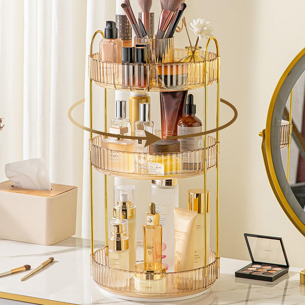 Aveniee 3-Tier 360° Rotating Makeup Organizer, Clear Spinning Perfume Cosmetic Storage for Vanity Countertop, Sturdy Metal Pole Skincare Holder Stand for Bathroom Dresser, White