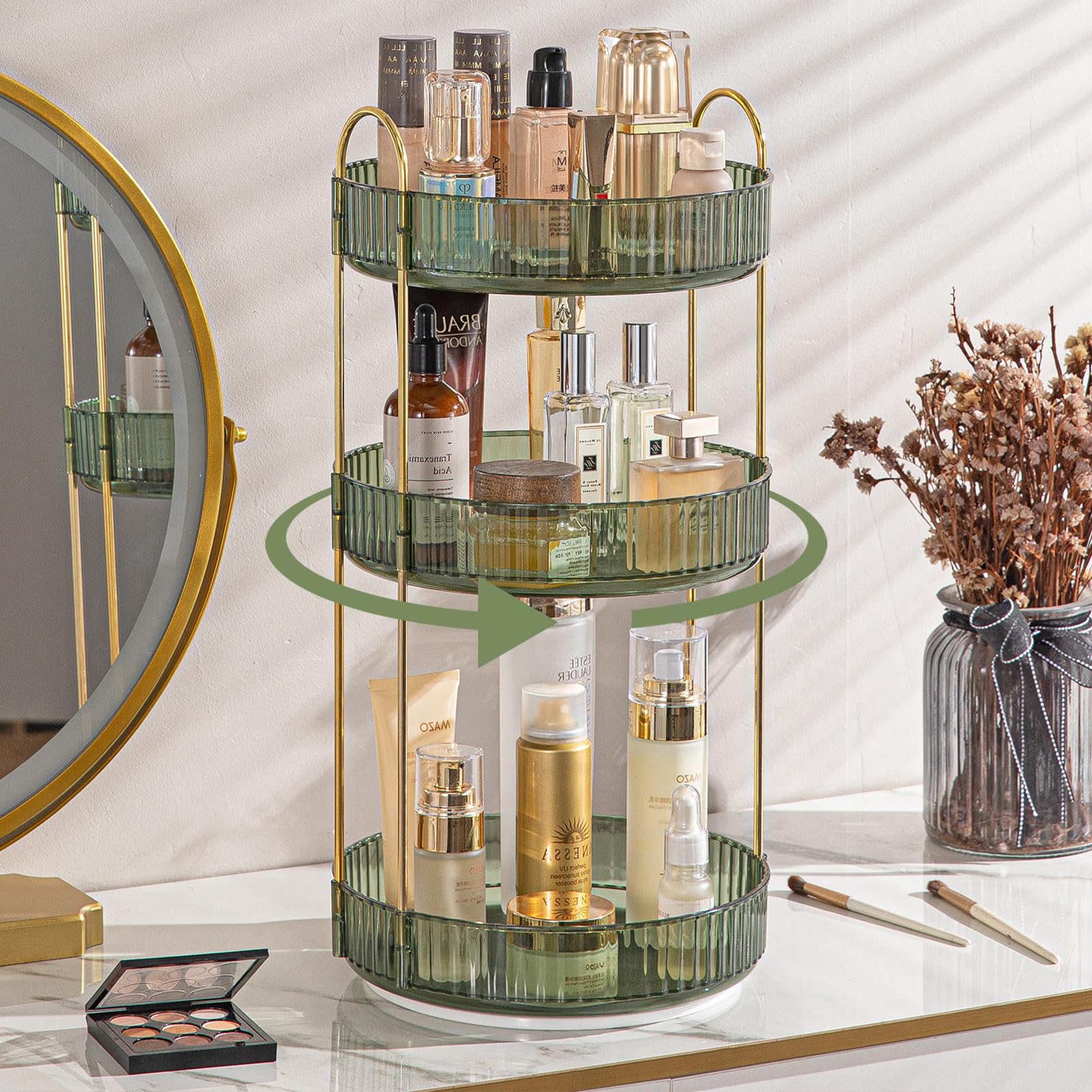 shuang qing Rotating Makeup Organizer for Vanity, Large Capacity Skincare Perfume Storage, Bathroom Counter Organizer, 360 Spinning Cosmetic Dresser Countertop Organizers (Clear, 3 Tier)