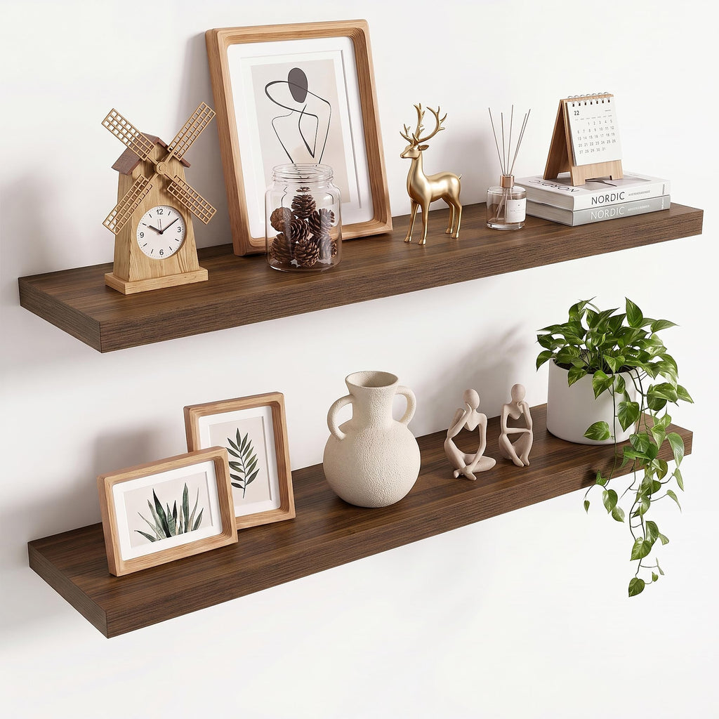 36in Floating Shelves for wall Set of 2, Black Wall Mounted Shelf 9.3in Deep for Wall Decor, Hanging Shelf 1.5in Thick for Living Room, Bedroom, Bathroom, Kitchen, Office