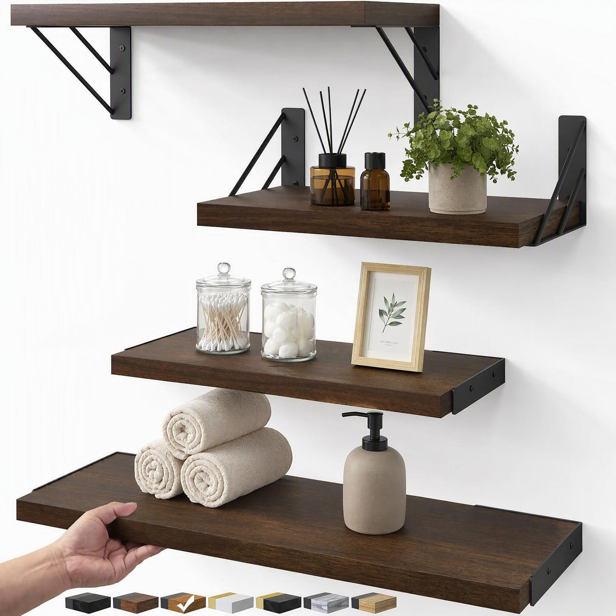 BAYKA Wall Mounted Floating Shelves, Wood Floating Wall Shelf for Books & Decor, Small Space-Saving Display & Organizer（Black，Set of 4）