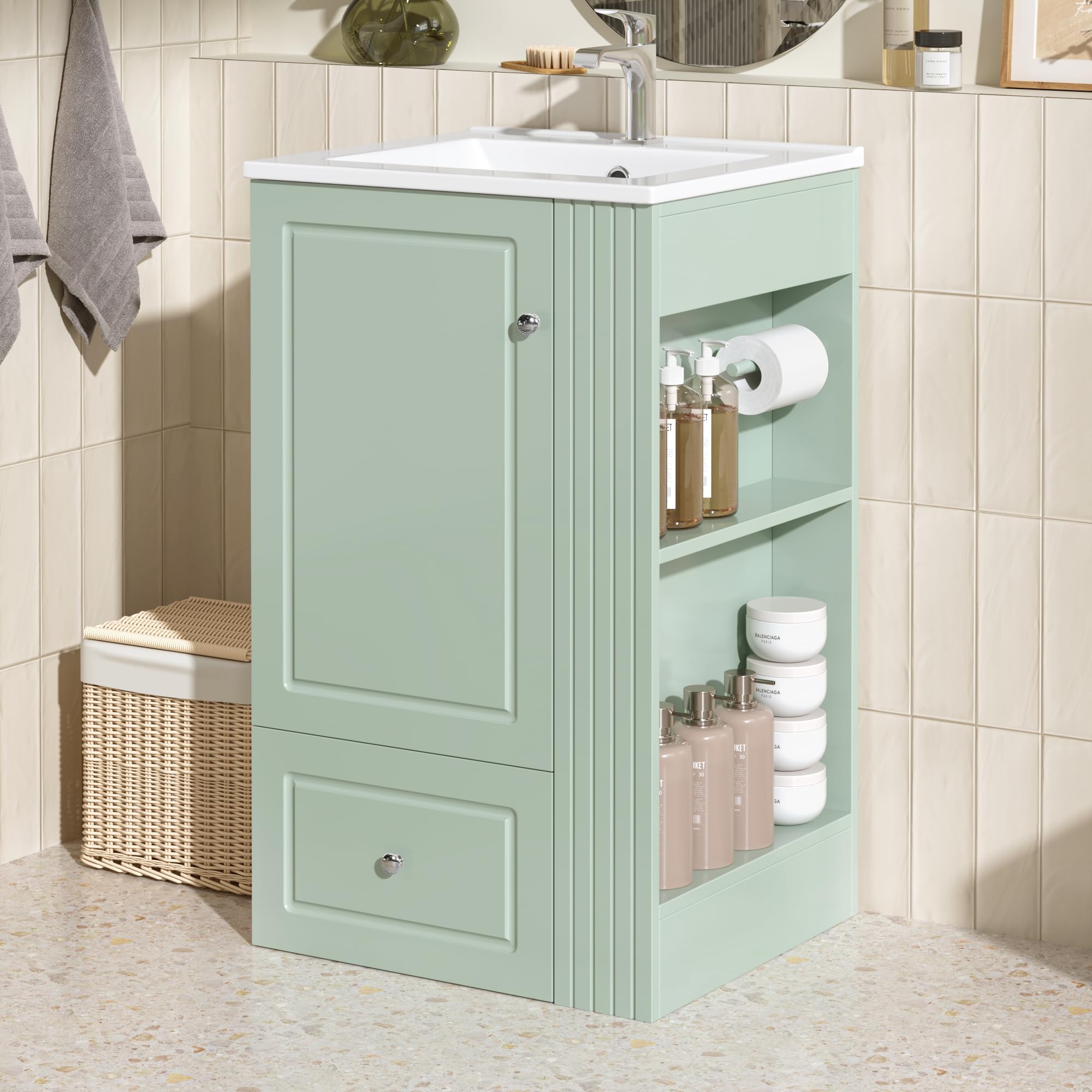 Virubi 20 in Small Bathroom Vanity with Sink, Soft Closing Door,Tilt-Out Drawer and Adjustable Shelf,Solid Wood Frame Modern Single Bathroom Sink Cabinet with Storage, Freestanding, Natural Wood