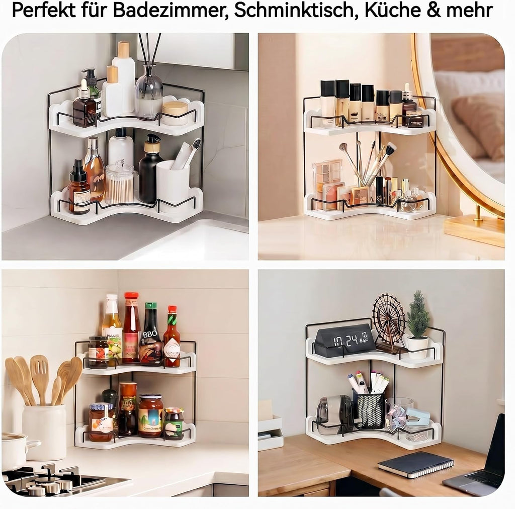 2-Tier Solid Wooden Corner Organizer with Elegant Scalloped Edge, Modern Stylish Shelf for Bathroom Vanity & Kitchen Countertop Storage, Moisture-Resistant with Anti-Fall Fences & Anti-Slip Pads