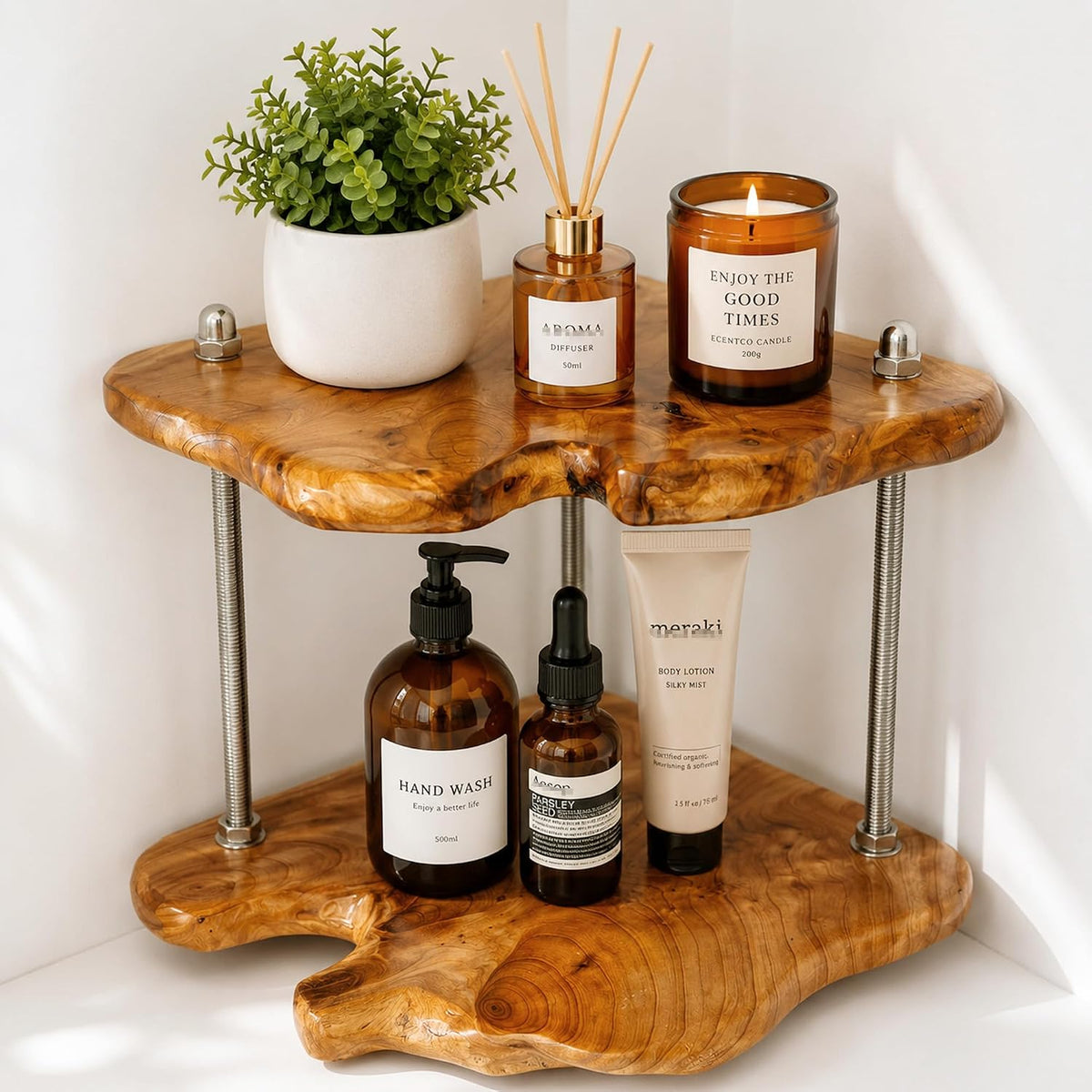 2-Tier Counter Corner Shelf ,Counter Corner Organizer,Natiral Edge Cedar Wood Bathroom Counter Organizer for Vanity Countertop Storage and Organization for Bathroom Kitchen Coffee Area, Over Sink