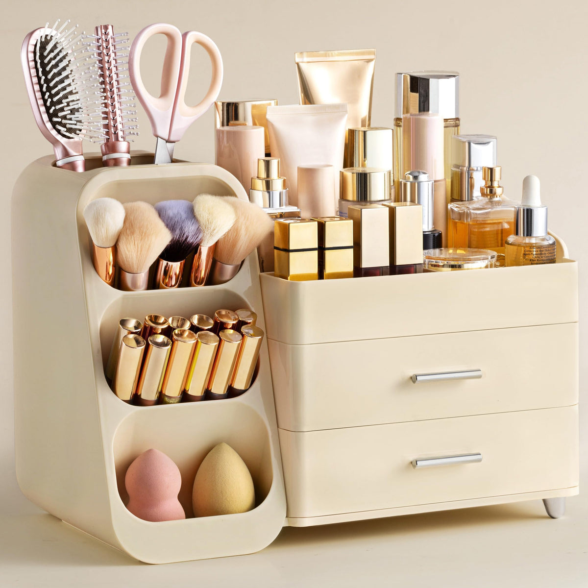 HBlife Makeup Organizer with Brush Holder for Vanity, Large Plastic Bathroom Countertop Organizer Skin Care Storage, Easy to Store Lipsticks, Nail Polishes, Perfumes, Eyeshadow Palettes, All White