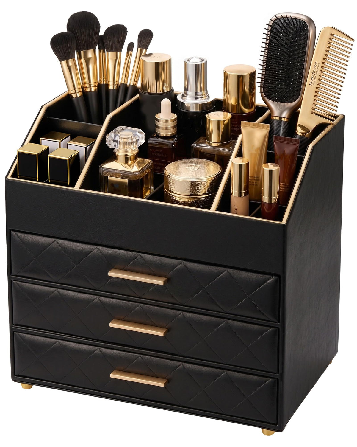 Lolalet 3-Layer PU Leather Makeup Organizer for Cosmetic Vanity -Beige