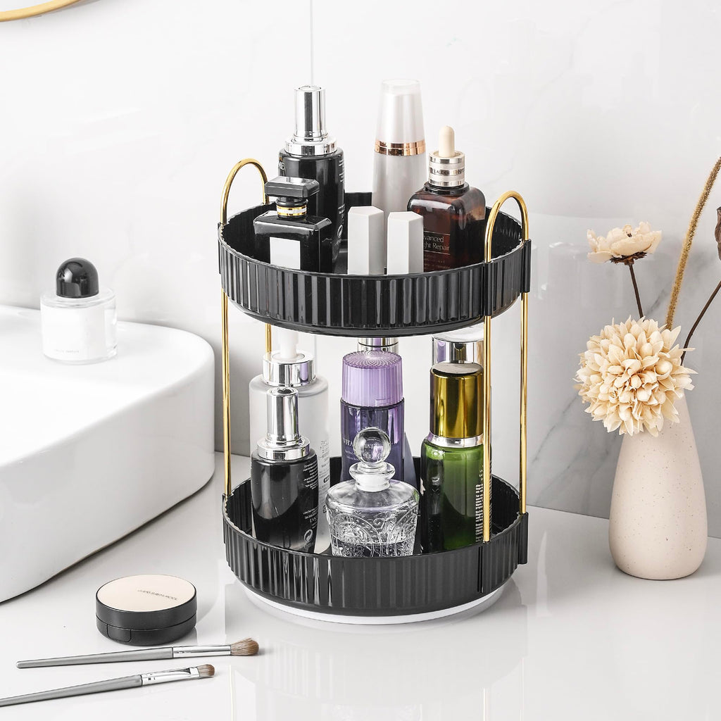 Aveniee 3-Tier 360° Rotating Makeup Organizer, Clear Spinning Perfume Cosmetic Storage for Vanity Countertop, Sturdy Metal Pole Skincare Holder Stand for Bathroom Dresser, White