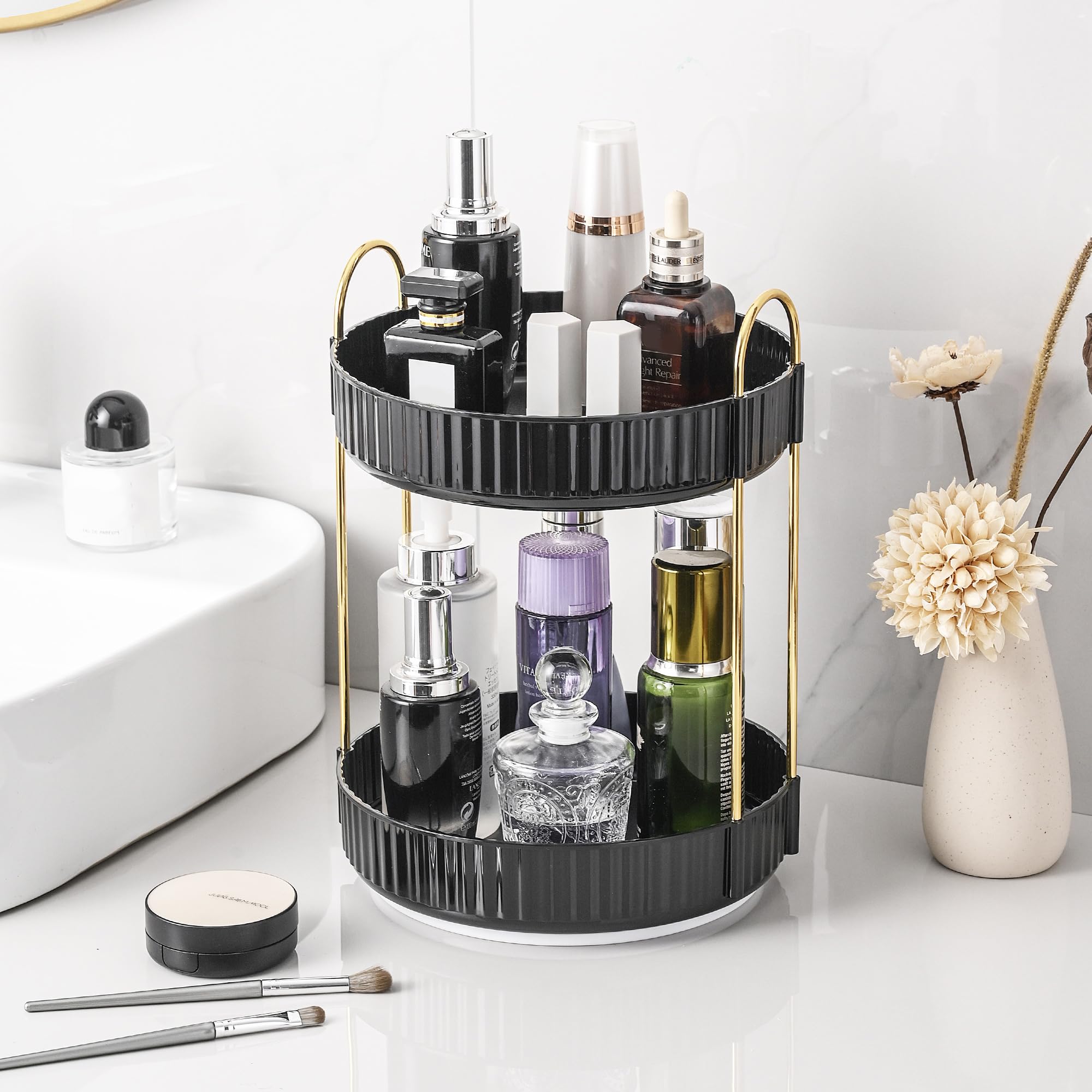 Aveniee 3-Tier 360° Rotating Makeup Organizer, Clear Spinning Perfume Cosmetic Storage for Vanity Countertop, Sturdy Metal Pole Skincare Holder Stand for Bathroom Dresser, White