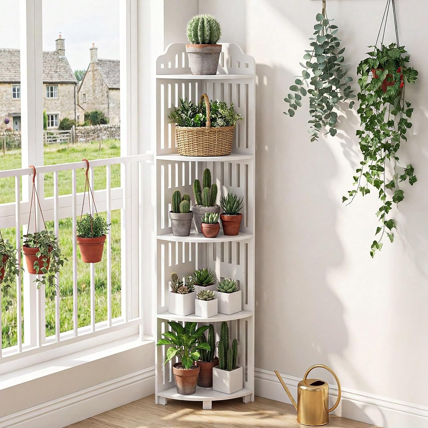 5 Tier Corner Storage Shelf, 43.3 Inch Waterproof PVC Freestanding Organizer with Slotted Panels, Scandinavian Style Triangle Display Rack for Bathroom, Kitchen and Living Room