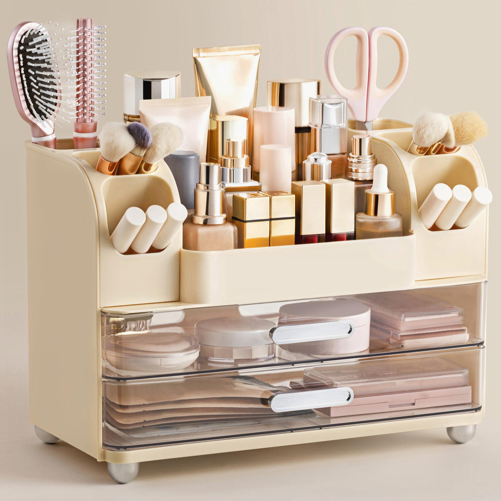 HBlife Makeup Organizer for Vanity with Brush Holder, Large Bathroom Countertop Cosmetic Organizer Skin Care Storage, Easy to Store Lipsticks, Nail Polishes, Perfumes, Eyeshadow Palettes, All White