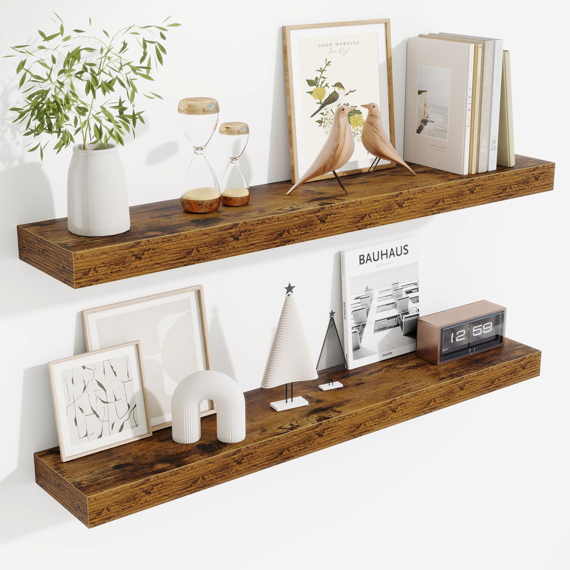 Fun Memories Floating Shelves Bathroom for Wall Mounted Shelves, 20 Inch Wood Shelf Set of 2, Home Storage & Display Decor, Walnut