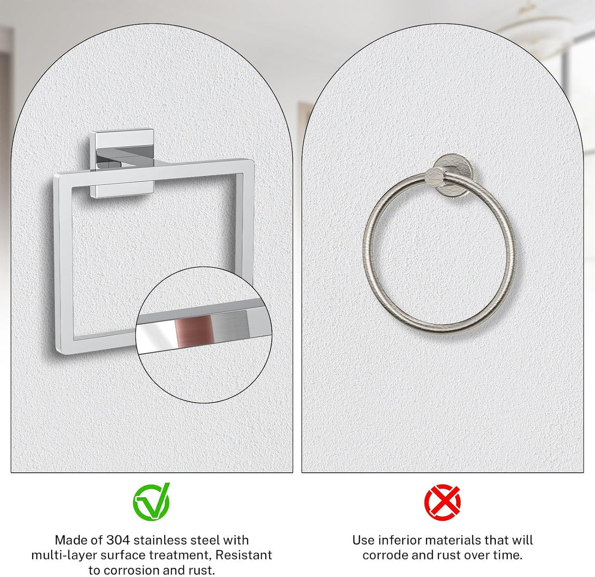 2-Piece Polished Chrome Towel Ring,Hand Towel Holder,Modern Towel Holder Stainless Steel Towel Rack Wall-Mounted Bathroom Towel Hanger