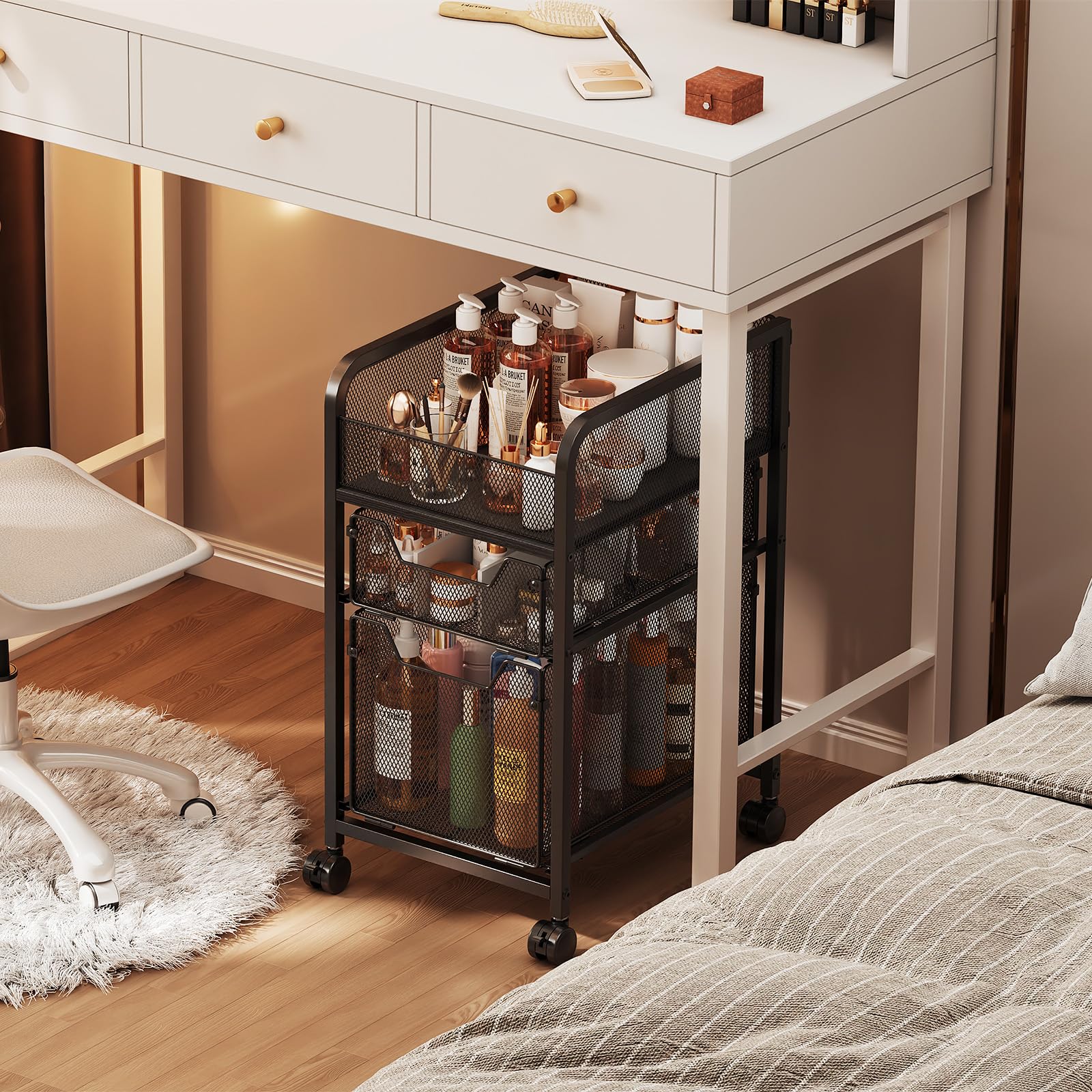 Hongtamoya Rolling Makeup Cart Organizer with 2 Drawers, Under Desk Storage