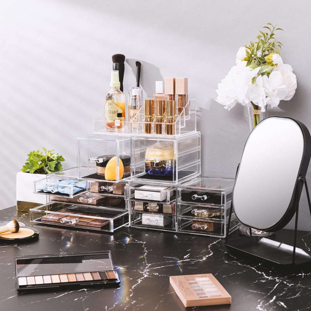 Sorbus Large Makeup Organizer - Clear Stackable Jewelry Makeup Organizer for Vanity, Bathroom Storage Display Case - 12 Drawers Cosmetic Beauty Organizers and Storage with Lipstick Makeup Brush Holder