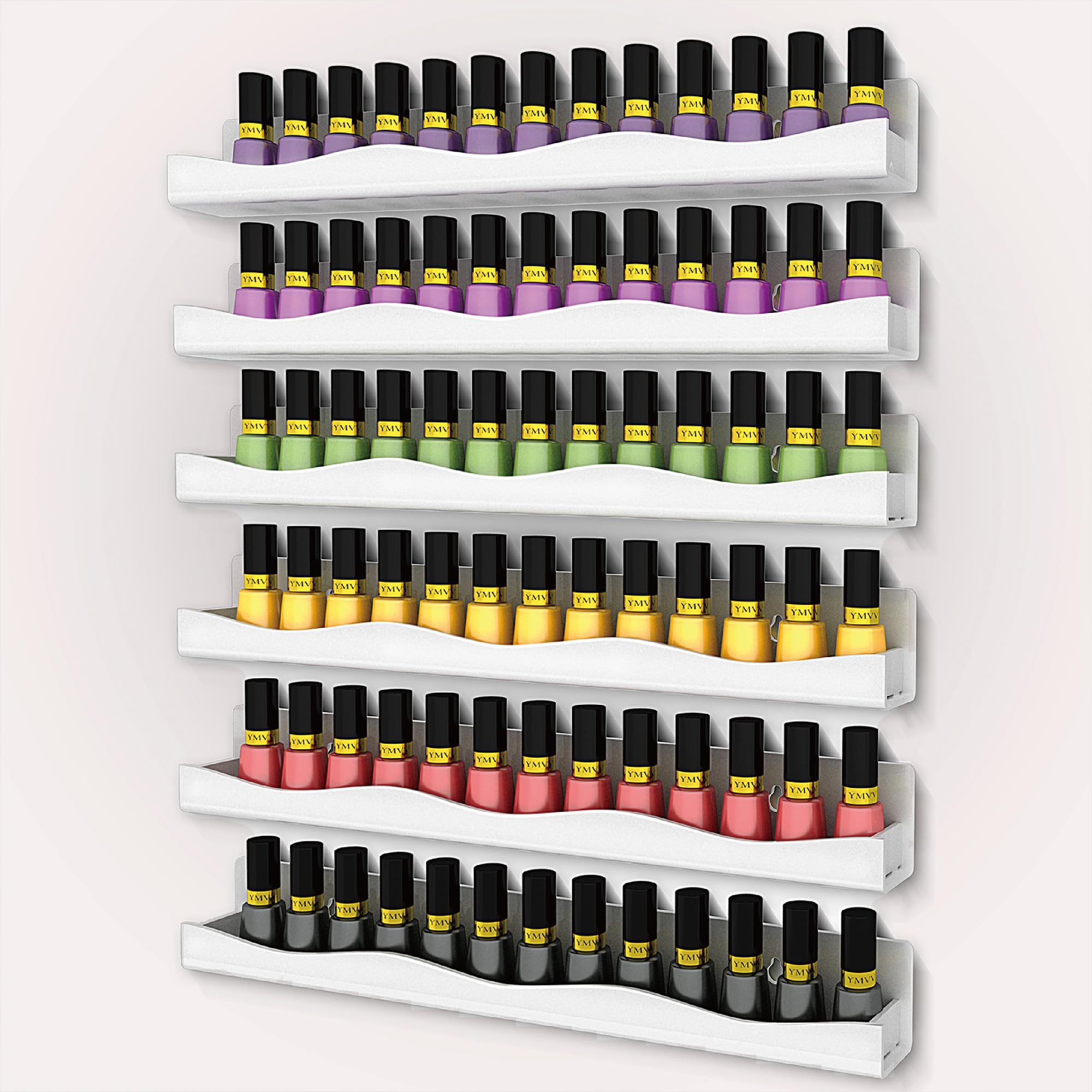 YMVV Wall-Mounted Nail Polish Organizer Rack - 15-Inch Gold Mirror Finish Nail Polish Shelf, Makeup & Beauty Essentials Storage - Multi-Purpose Display Holder for Small Space, Vanity Bathroom, 6 Pack